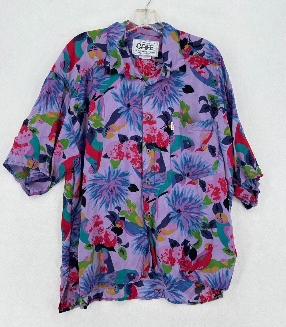 Vintage CAFE Mens Vibrant Purple Tropical Bird Floral Short Sleeve Camp Shirt